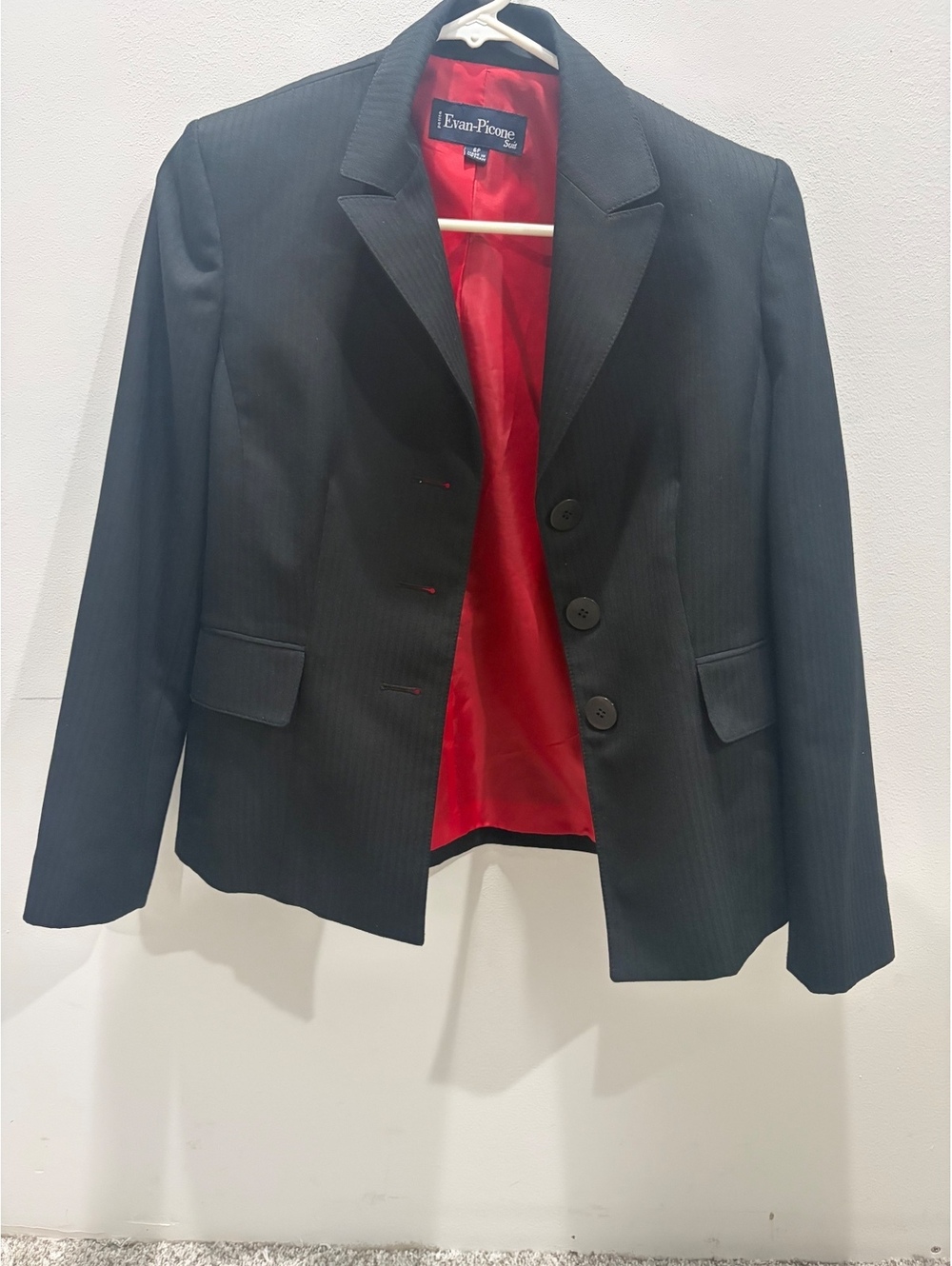 Evan-Picone Black Pinstripe Blazer with Vibrant Red Lining Size 6P